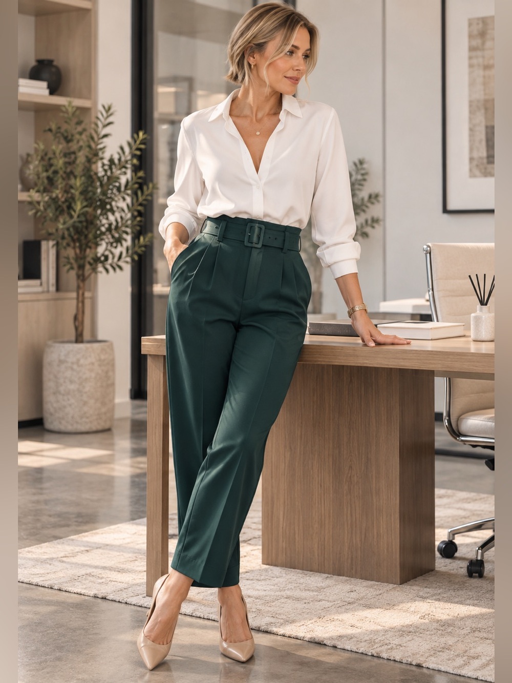 💎 Aritzia Babaton Power Pant Size 10 Emerald Green Belted Trouser